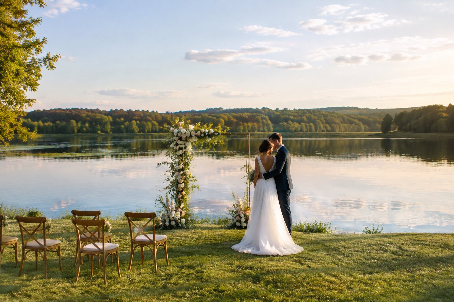 A couple stands beside a simple wedding ceremony setup on a grassy lakeshore.