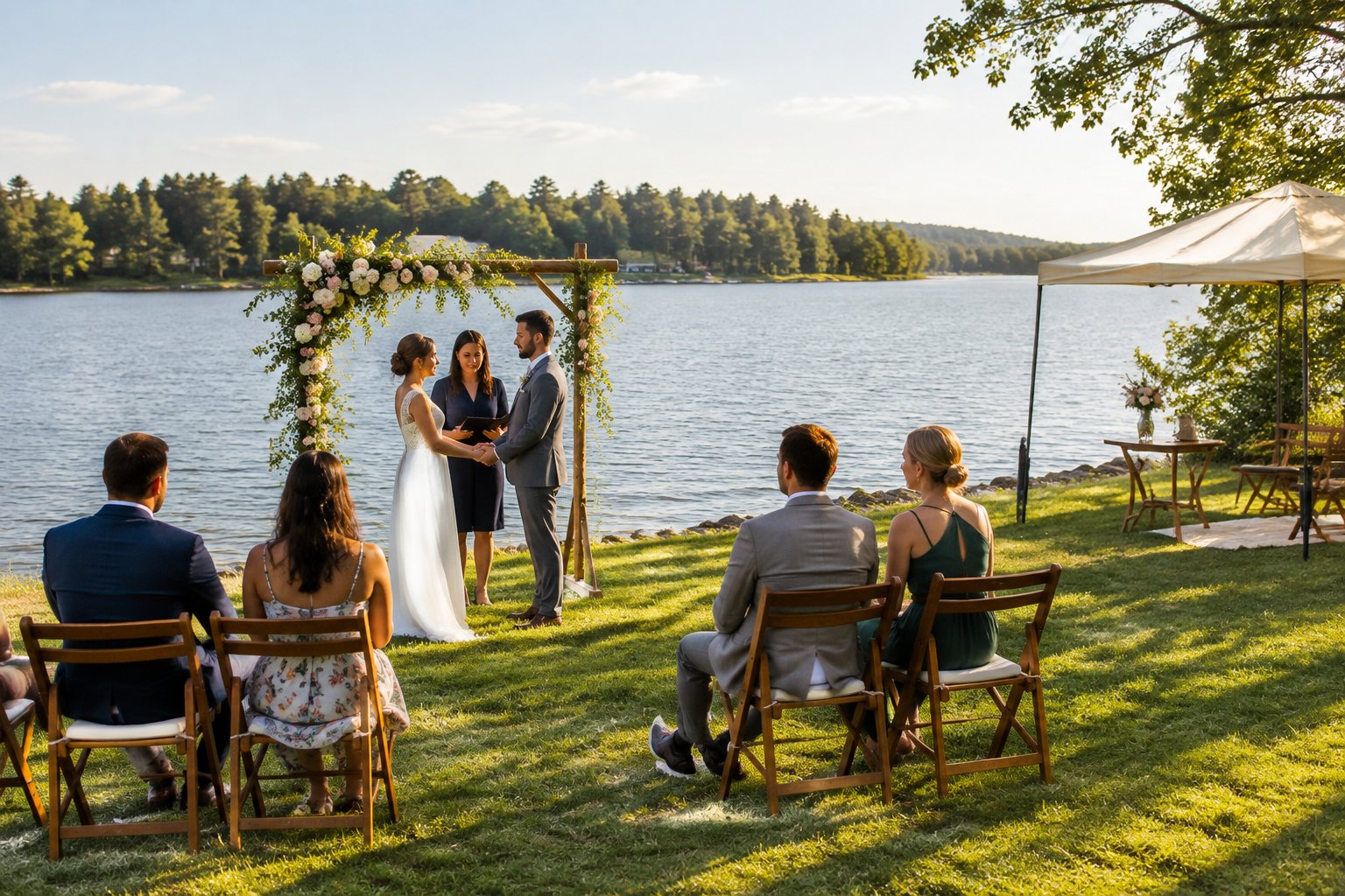 A couple holds a small wedding ceremony beside a lake as guests sit on folding chairs.