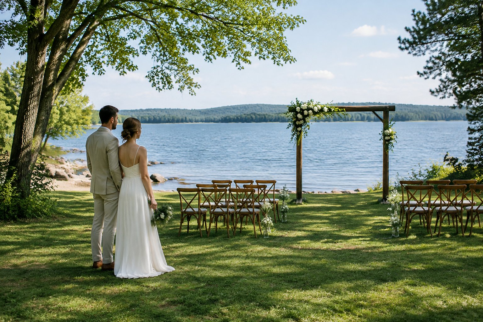 A couple surveys a lakeside ceremony area with a simple wedding arch and chairs.