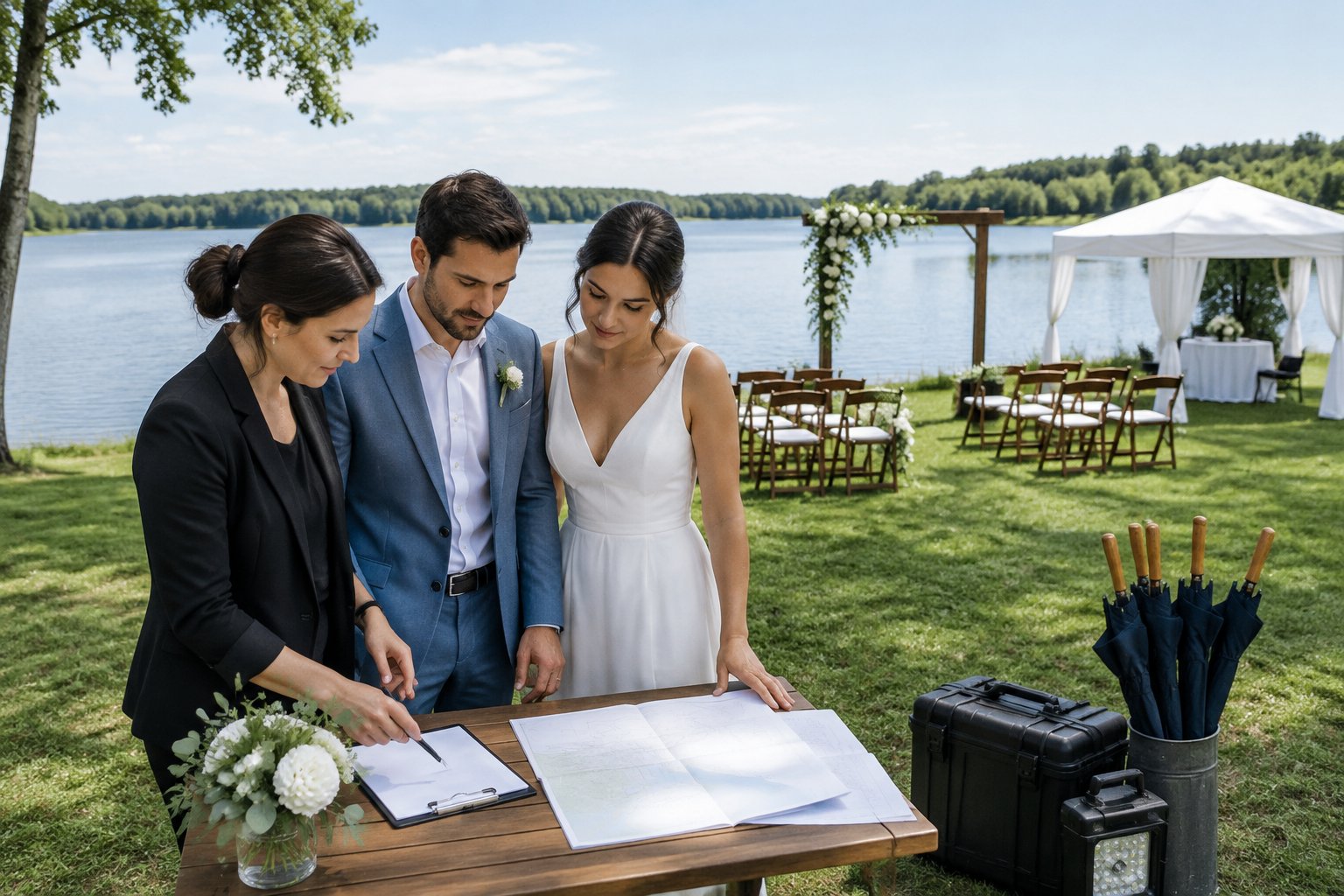 A couple and wedding planner review a clipboard beside a lakeside wedding setup and backup canopy.