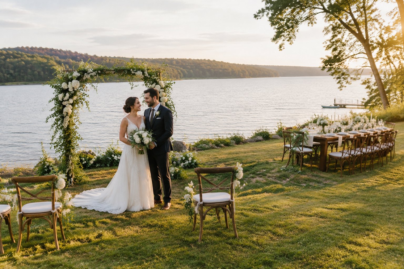 A couple celebrates beside a lake near a simple ceremony setup and an outdoor reception table.