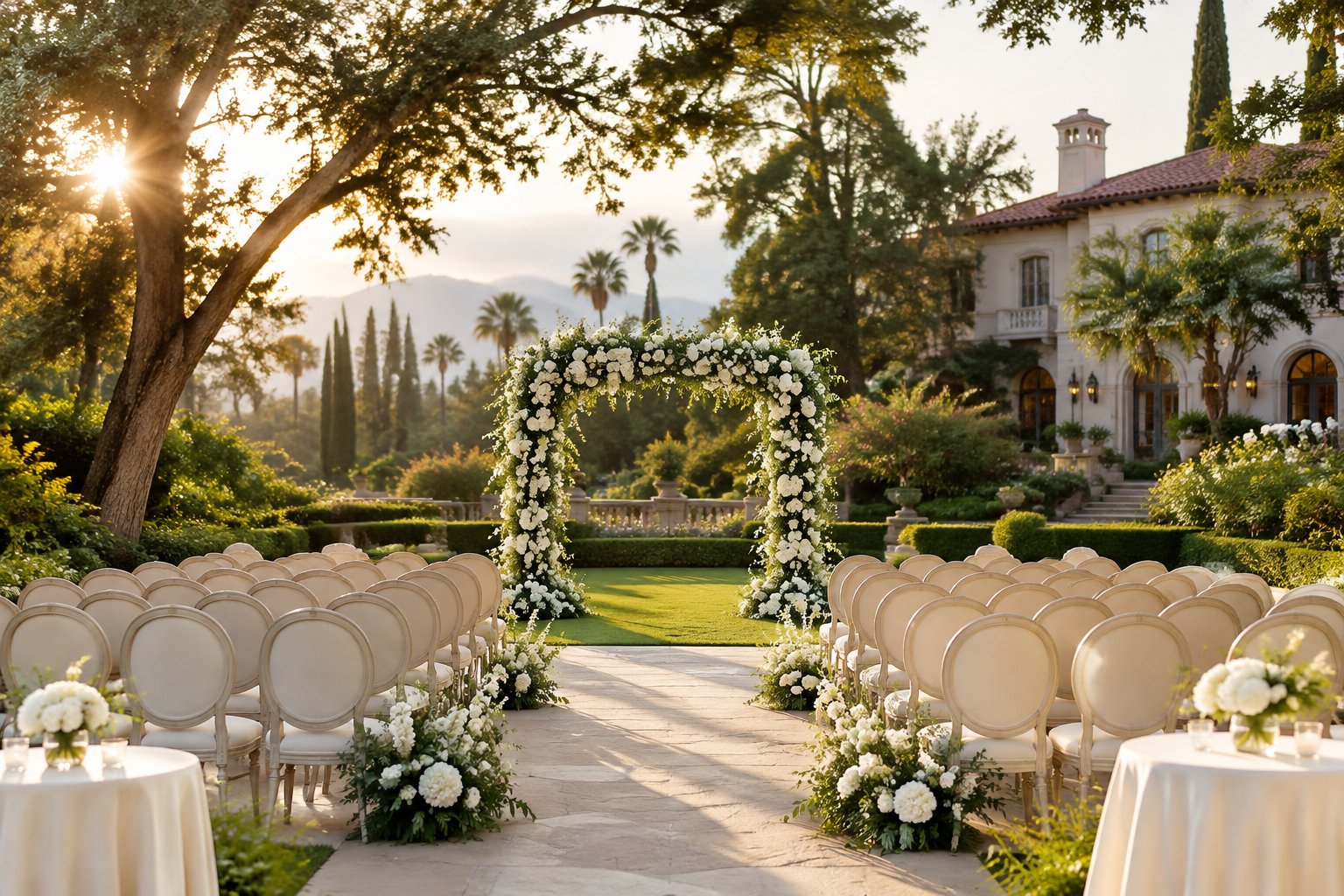 An elegant outdoor wedding ceremony set in the garden of a grand estate.