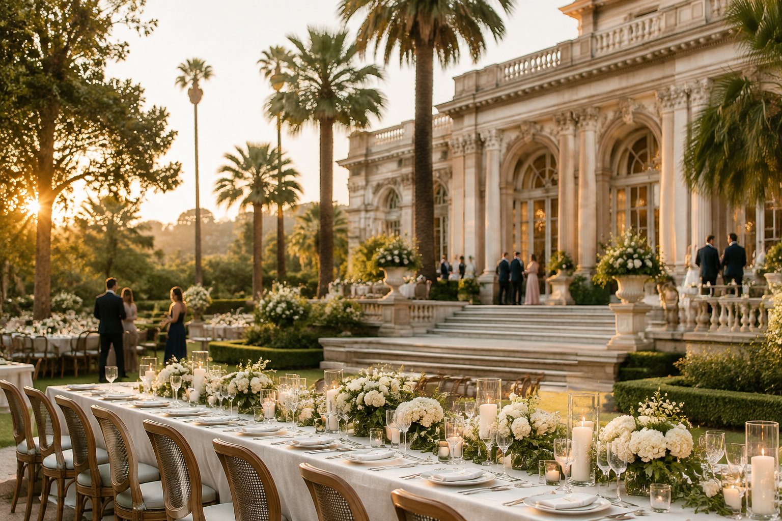 Guests gather at a garden wedding reception beside a historic mansion.