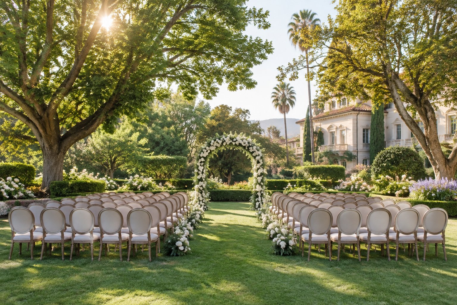 A garden wedding ceremony space with rows of chairs, a floral arch, and a mansion in the background.