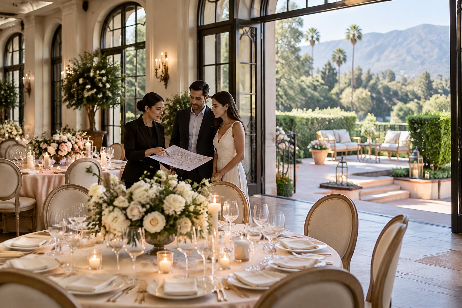 A couple reviews a wedding floor plan with a coordinator in an elegant hotel ballroom beside a garden terrace.