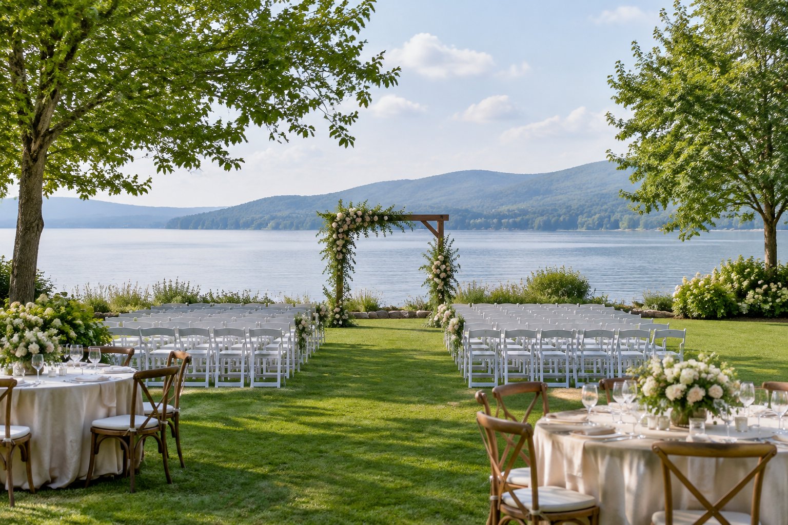 A wedding ceremony setup on a lawn beside a lake.