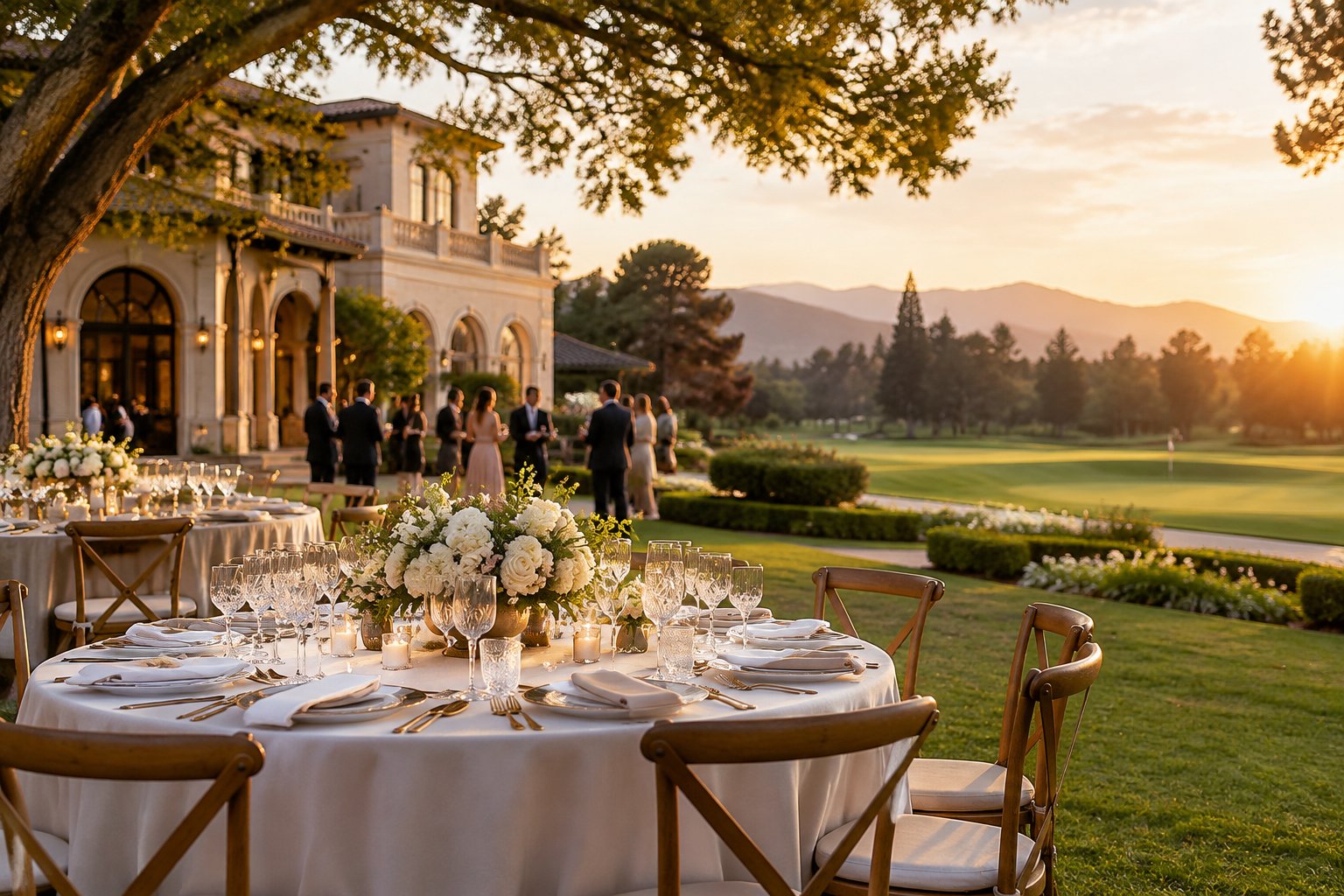 An elegant outdoor wedding reception on the landscaped grounds of a historic estate.