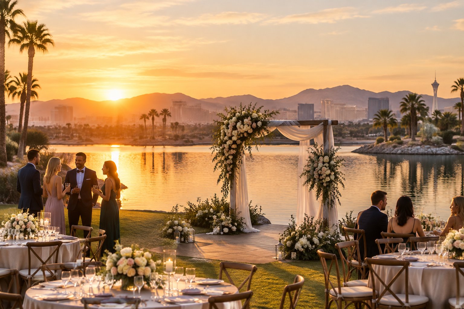 Guests gather for a lakeside wedding reception with desert scenery and Las Vegas in the distance.