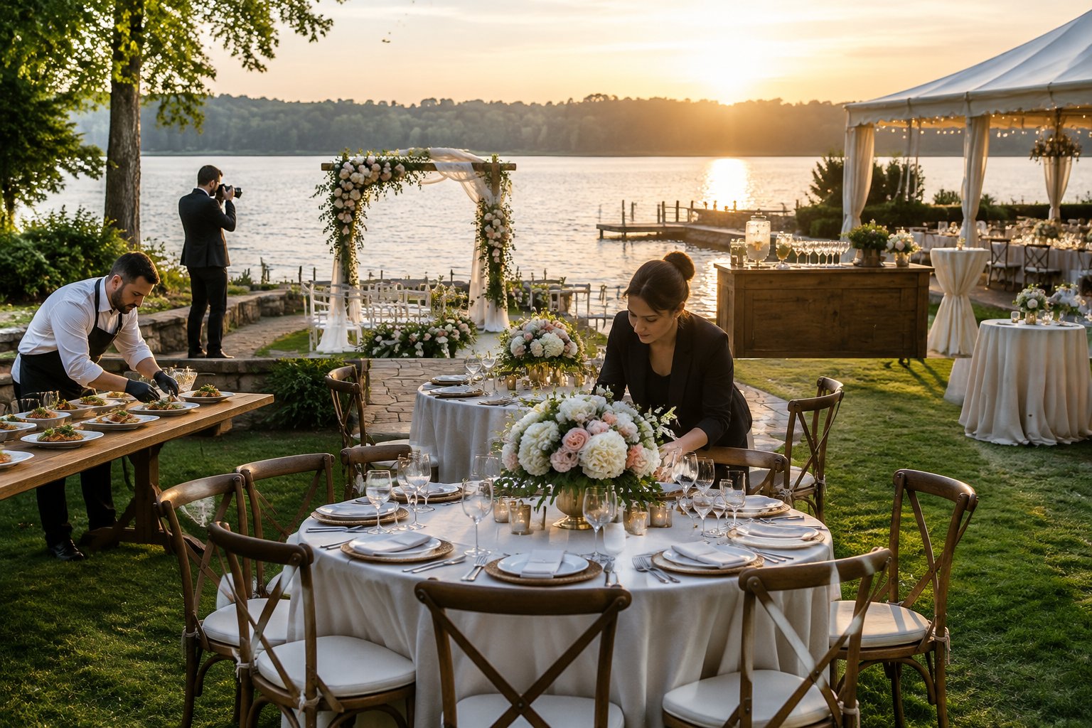A lakeside wedding reception with decorated tables, a ceremony arch, and event staff preparing the venue.