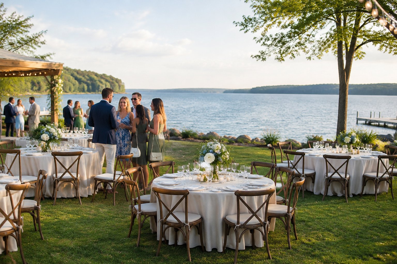 Guests gather at an outdoor reception beside a lake.