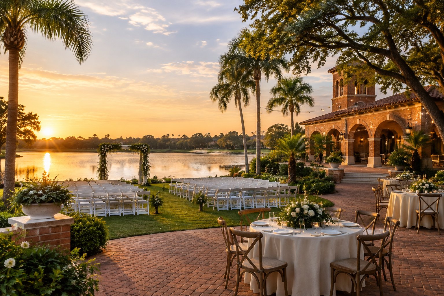 A wedding ceremony and reception setup beside a calm lake, with a historic-style venue and palm trees nearby.