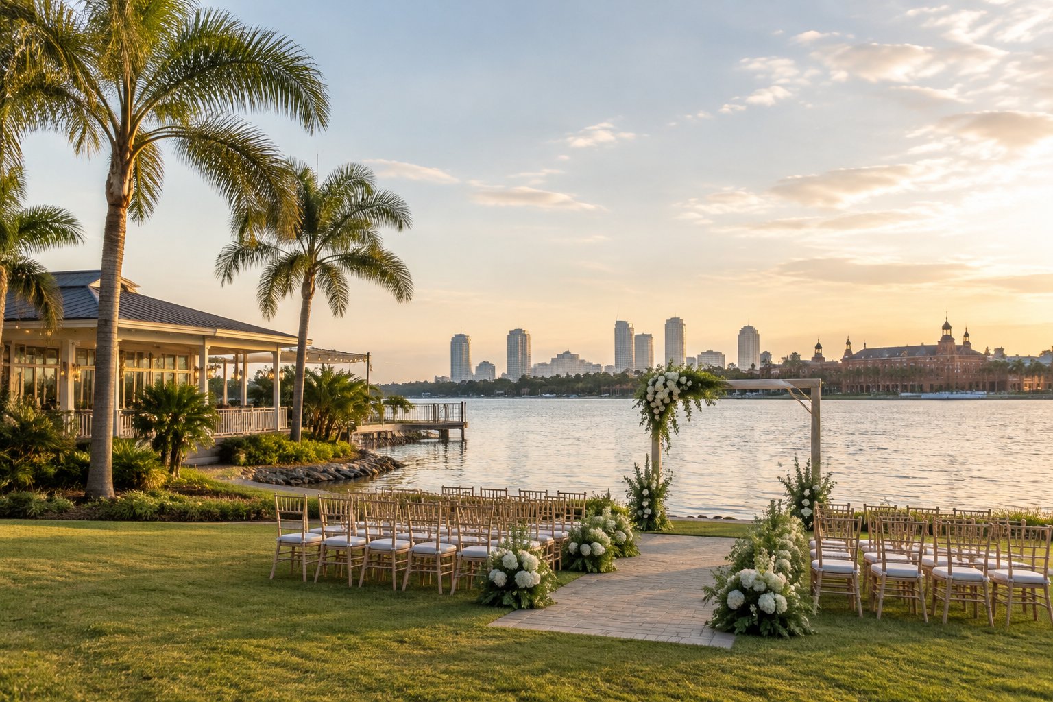 A lakeside wedding ceremony setup surrounded by greenery, with a city skyline in the distance.