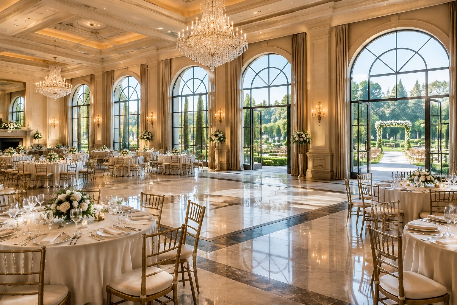 An elegant ballroom set for a wedding, with chandeliers, decorated tables, and gardens visible through tall windows.