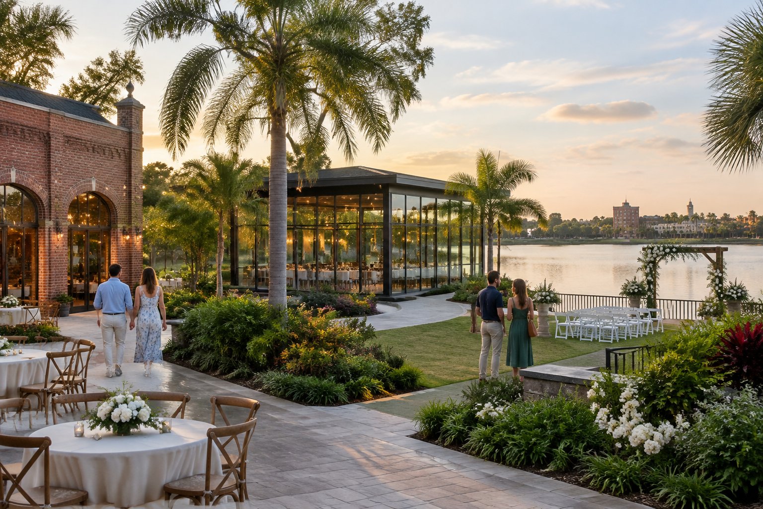 Couples explore wedding venues beside a lake.