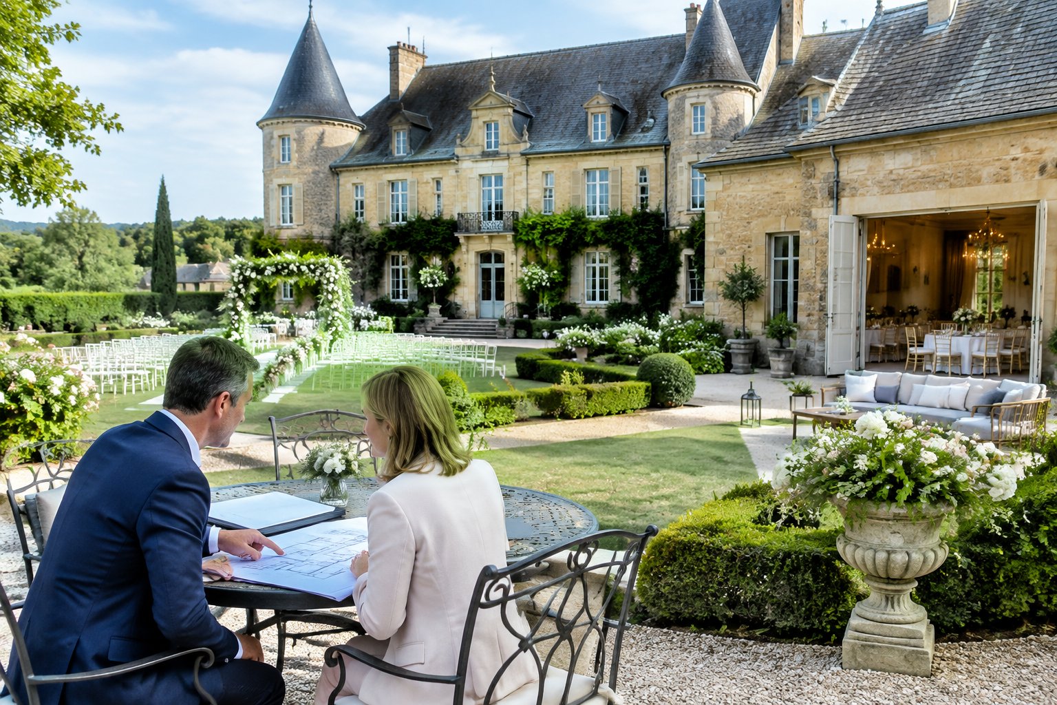A prospective buyer reviews property plans with an agent outside a wedding venue.