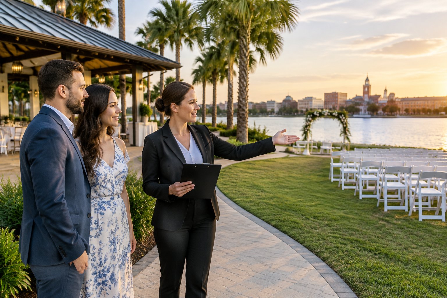 A couple and a venue coordinator review a lakeside wedding venue.