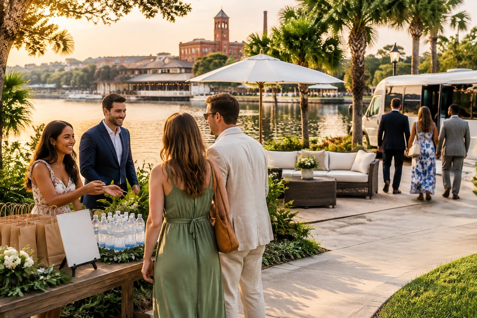Wedding guests arrive at a lakeside venue and are welcomed by hosts.
