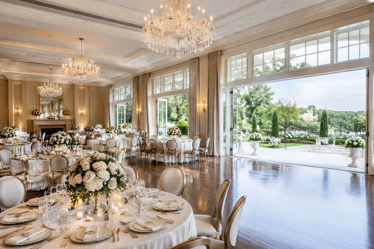 An elegant wedding reception venue with chandeliers, decorated tables, and garden views.