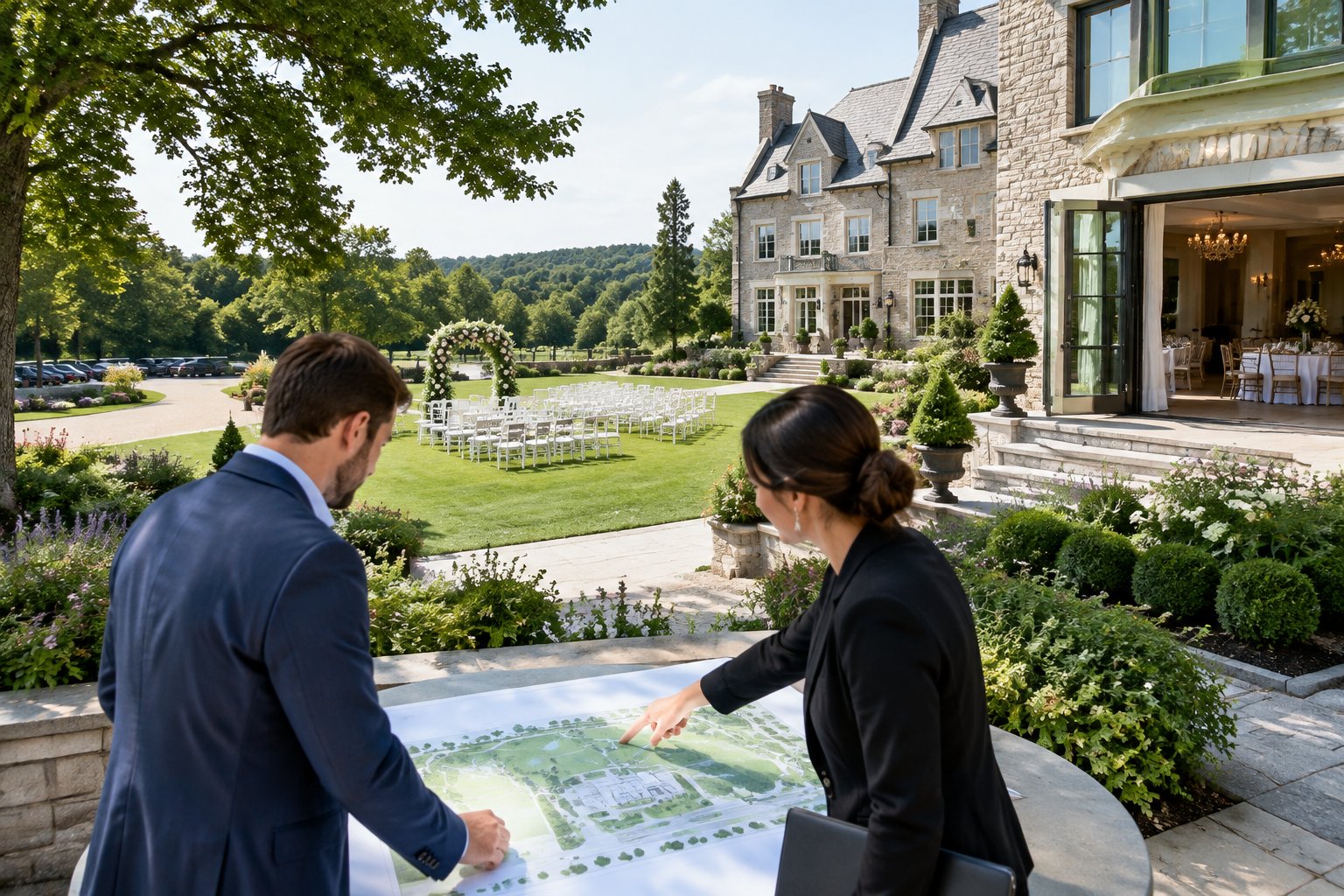 A prospective buyer and a venue professional review a site plan on the grounds of an elegant wedding venue.