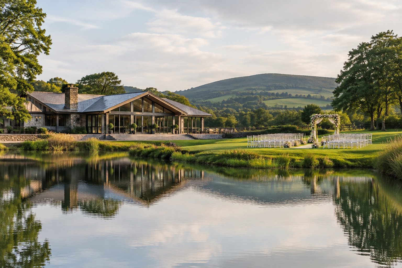 A wedding ceremony setup beside a lake with a venue and countryside in the background.