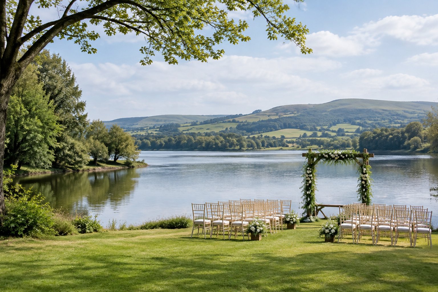 A wedding ceremony setup beside a calm lake surrounded by trees.