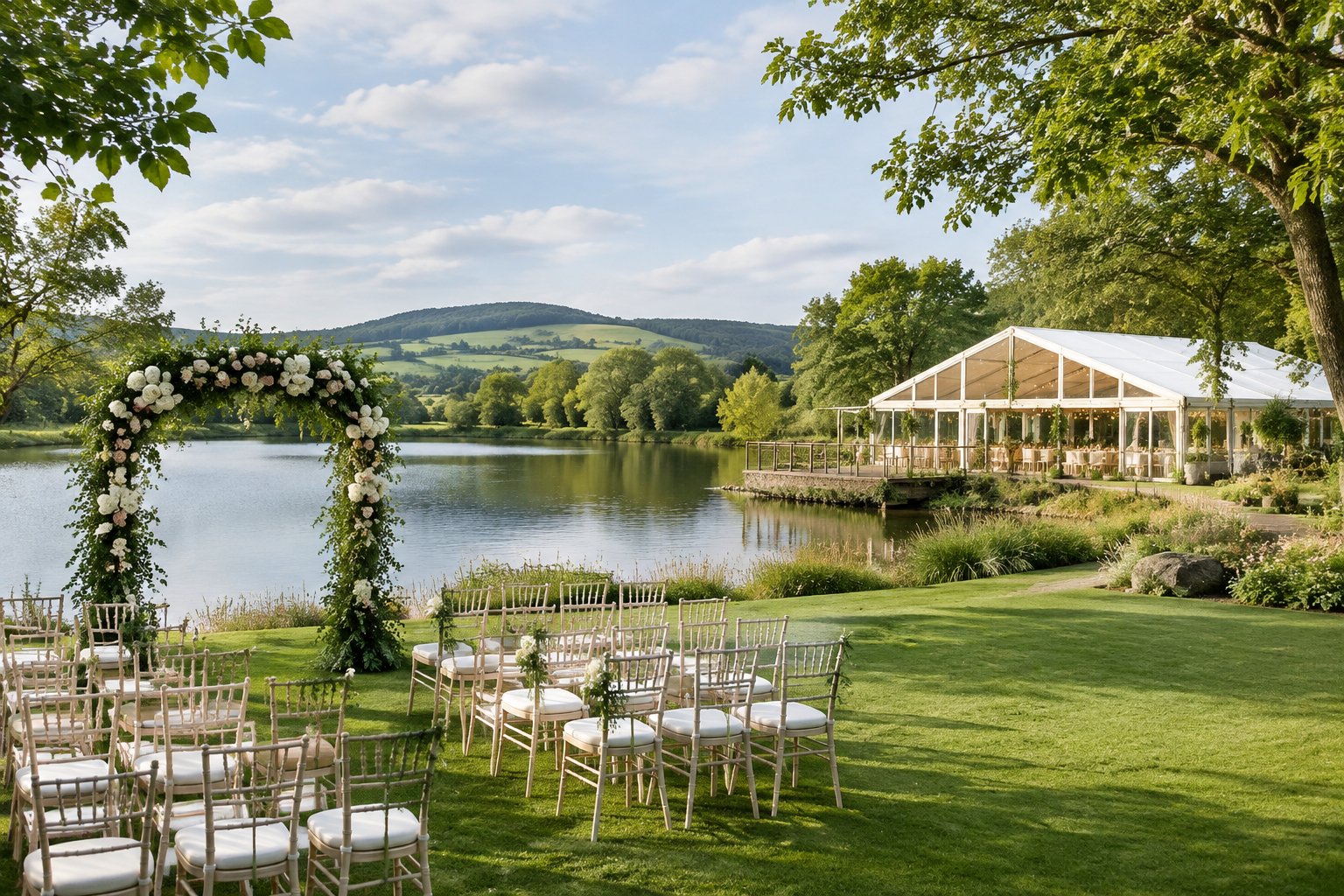 A lakeside wedding ceremony lawn beside a reception pavilion.