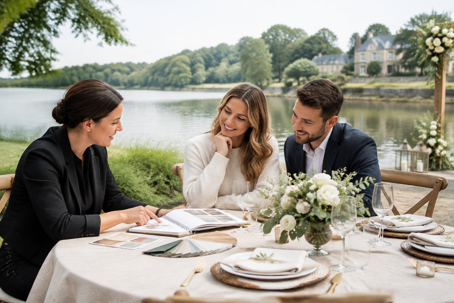 A couple discusses wedding plans with a planner at a lakeside table.
