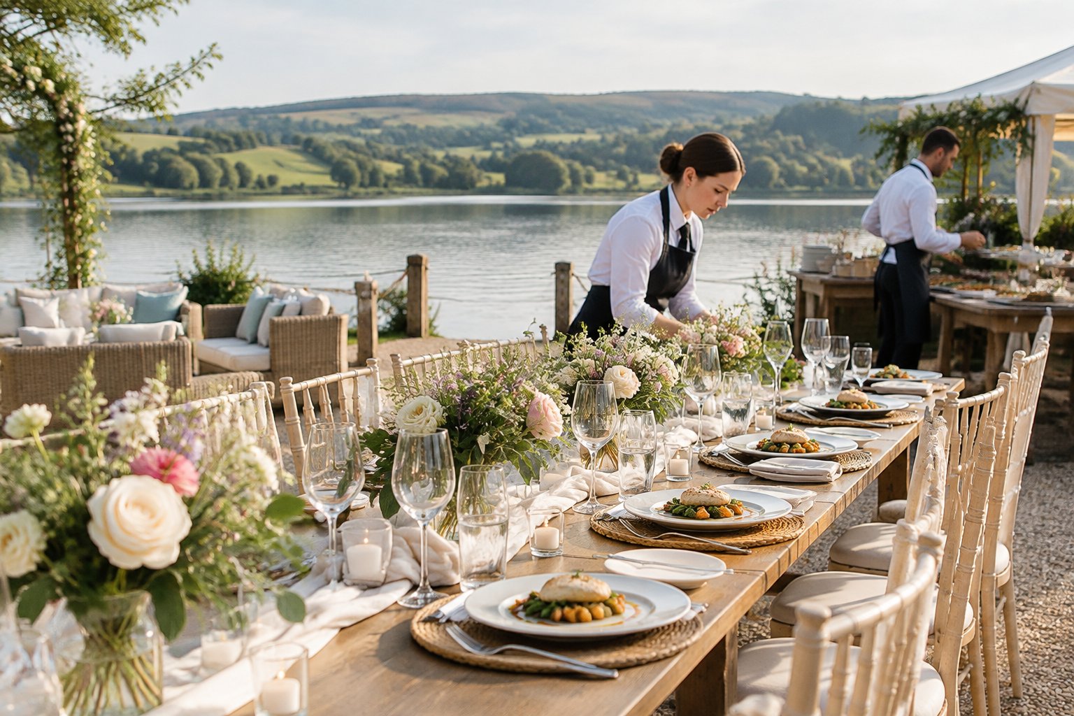 Catering staff prepare a wedding reception beside a lake.