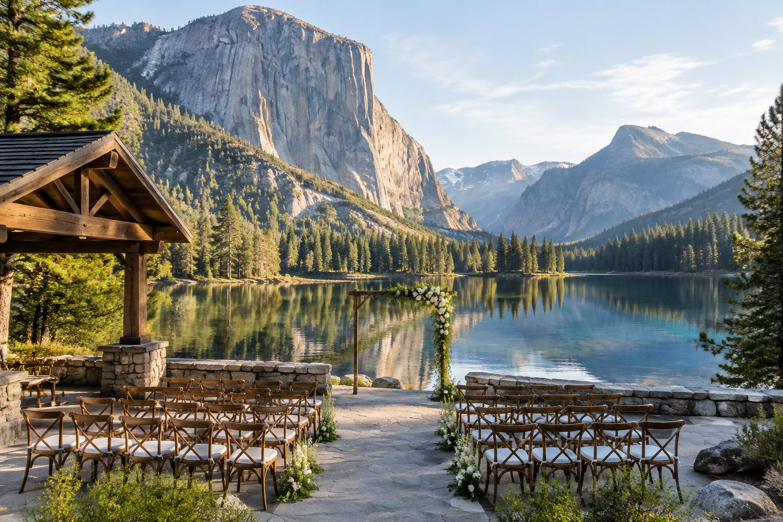 A wedding ceremony setup beside a lake with Yosemite’s granite cliffs in the background.