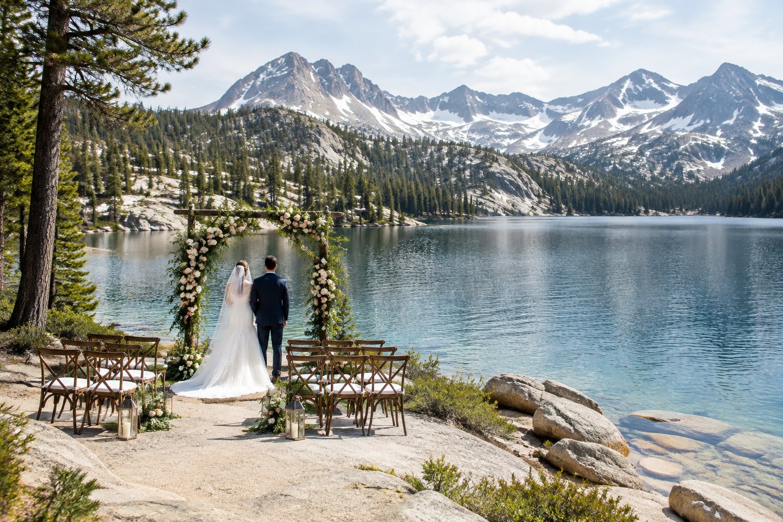 A wedding ceremony setup beside an alpine lake with mountains in the background.