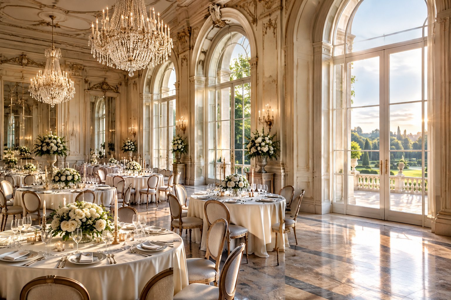 An elegant ballroom set for a wedding, with decorated tables and a garden visible through tall windows.