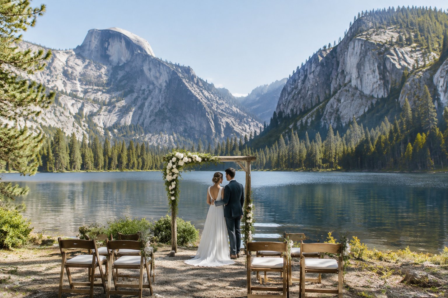A couple stands together at a lakeside wedding ceremony beneath Yosemite’s granite cliffs.