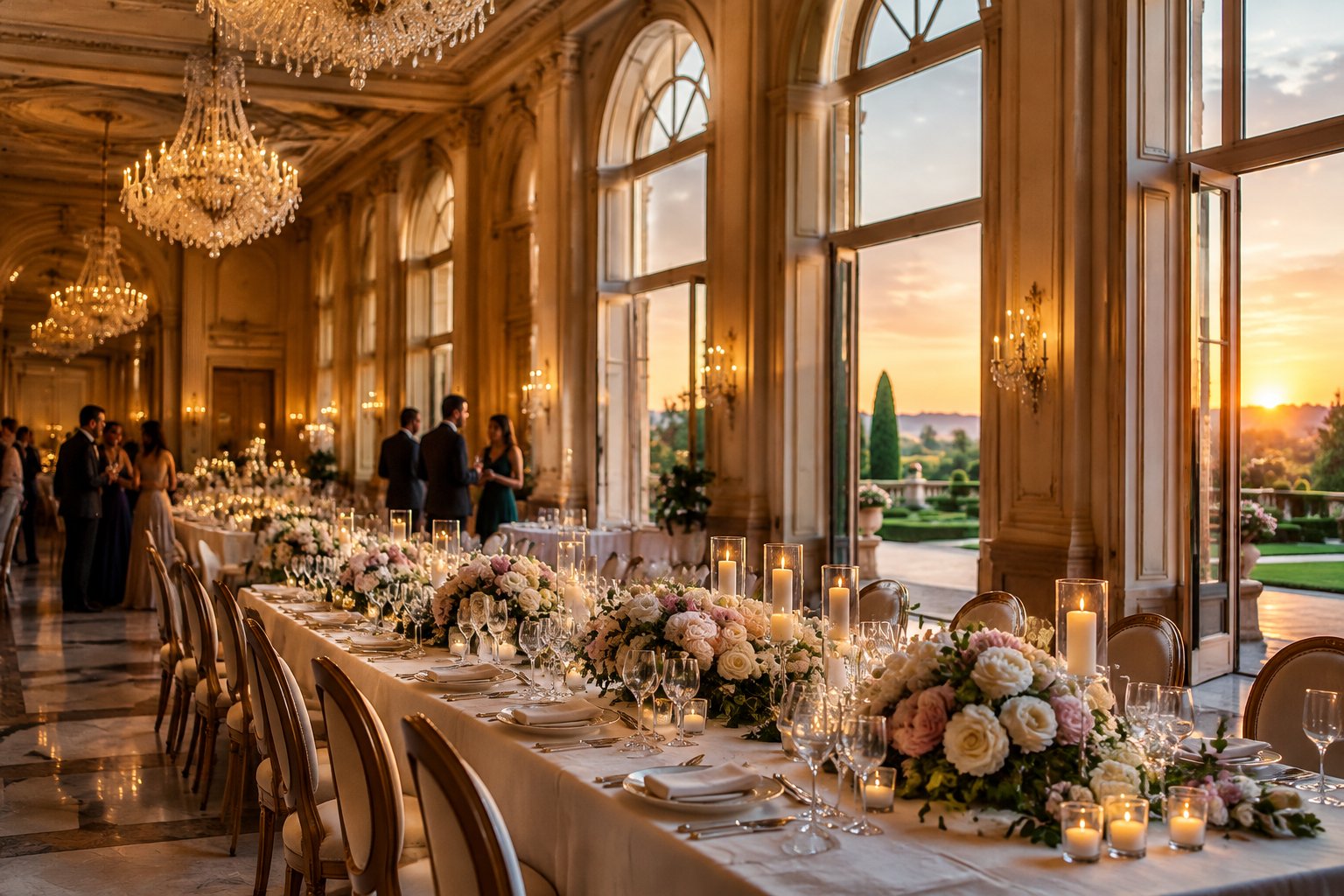 An elegant wedding reception set in a grand ballroom beside garden-facing windows.