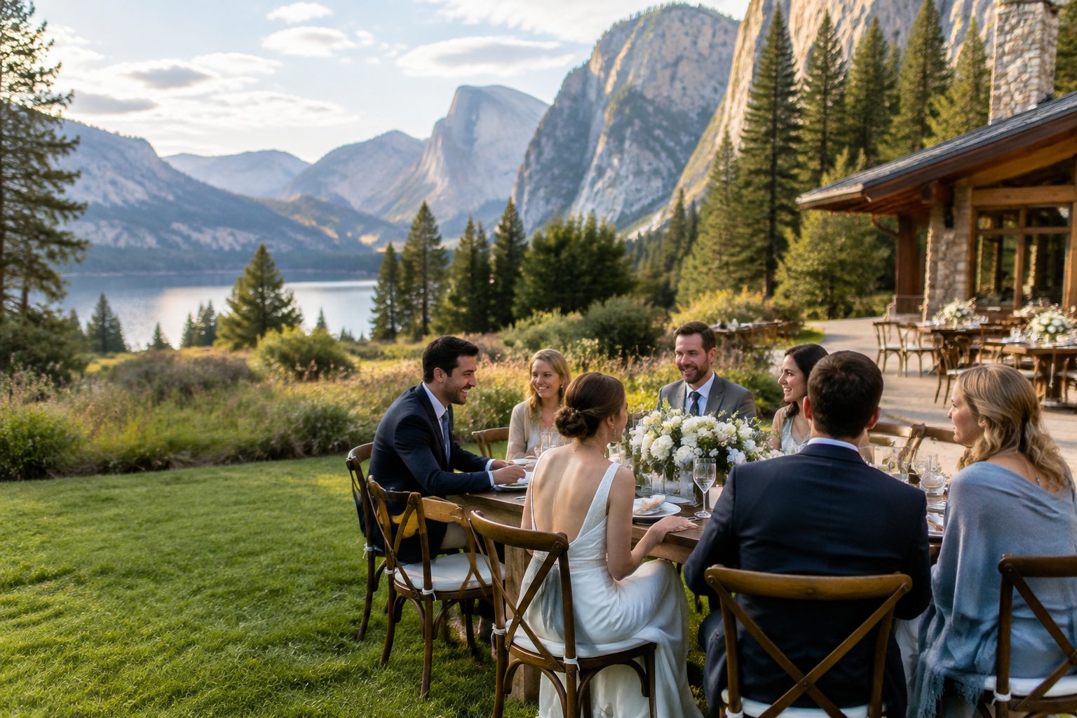 Wedding guests gather at a mountain venue with a lake and granite cliffs in the distance.