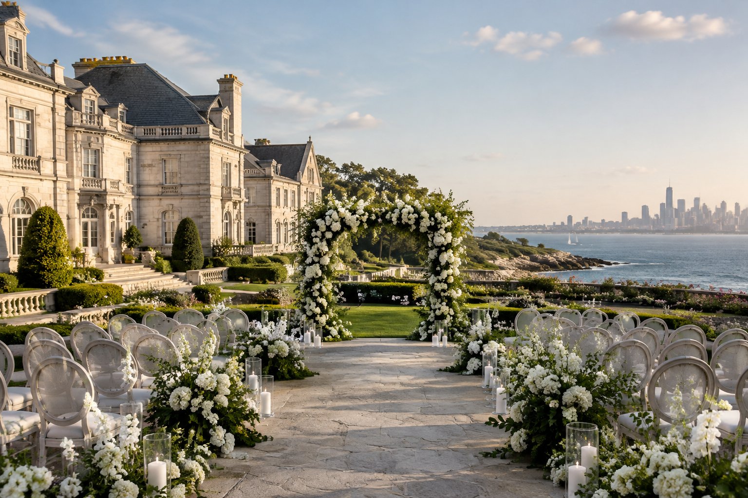 A wedding ceremony setup in the gardens of a coastal estate, with city buildings in the distance.
