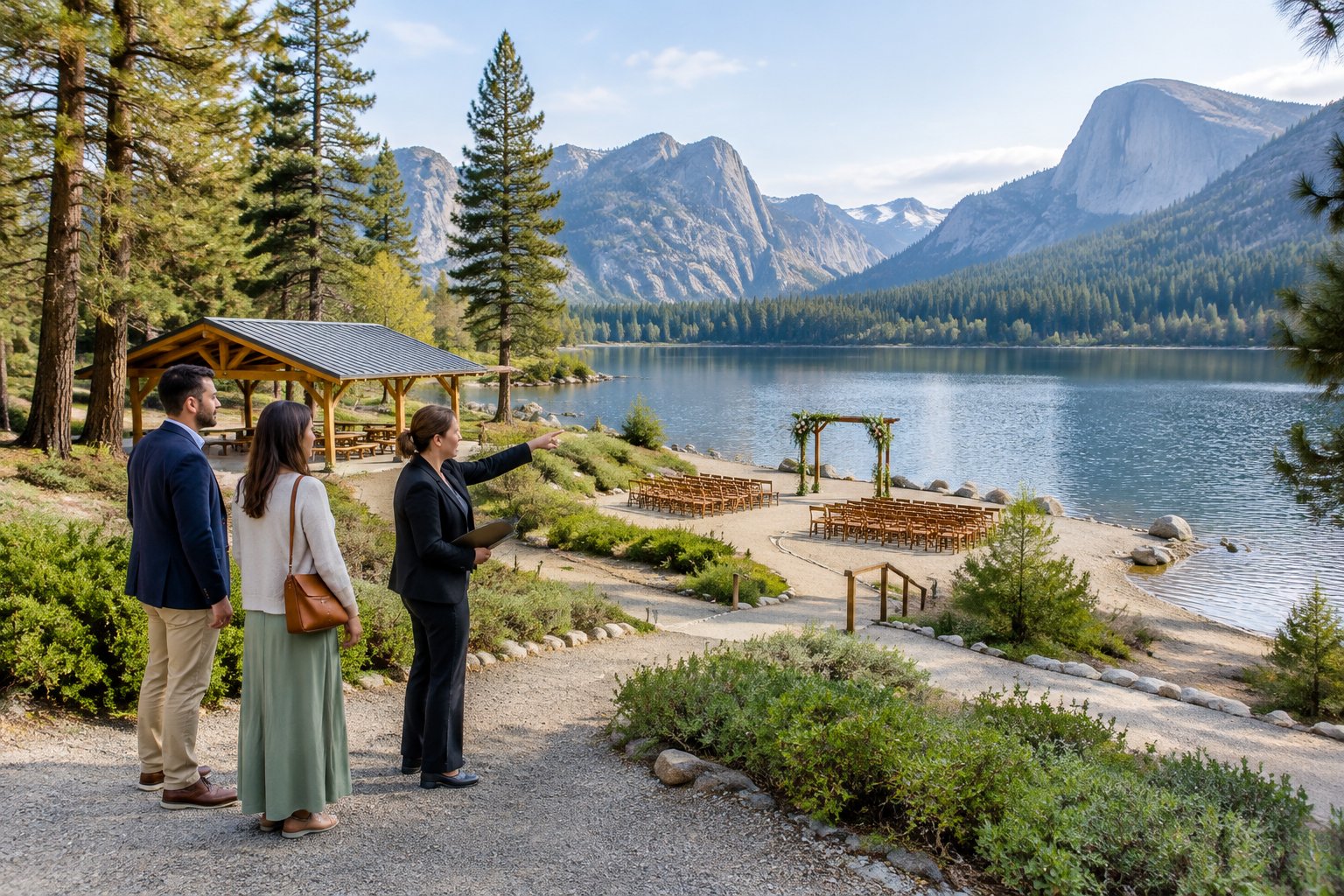 A couple and venue coordinator inspect a lakeside wedding site with a pavilion and mountain scenery.