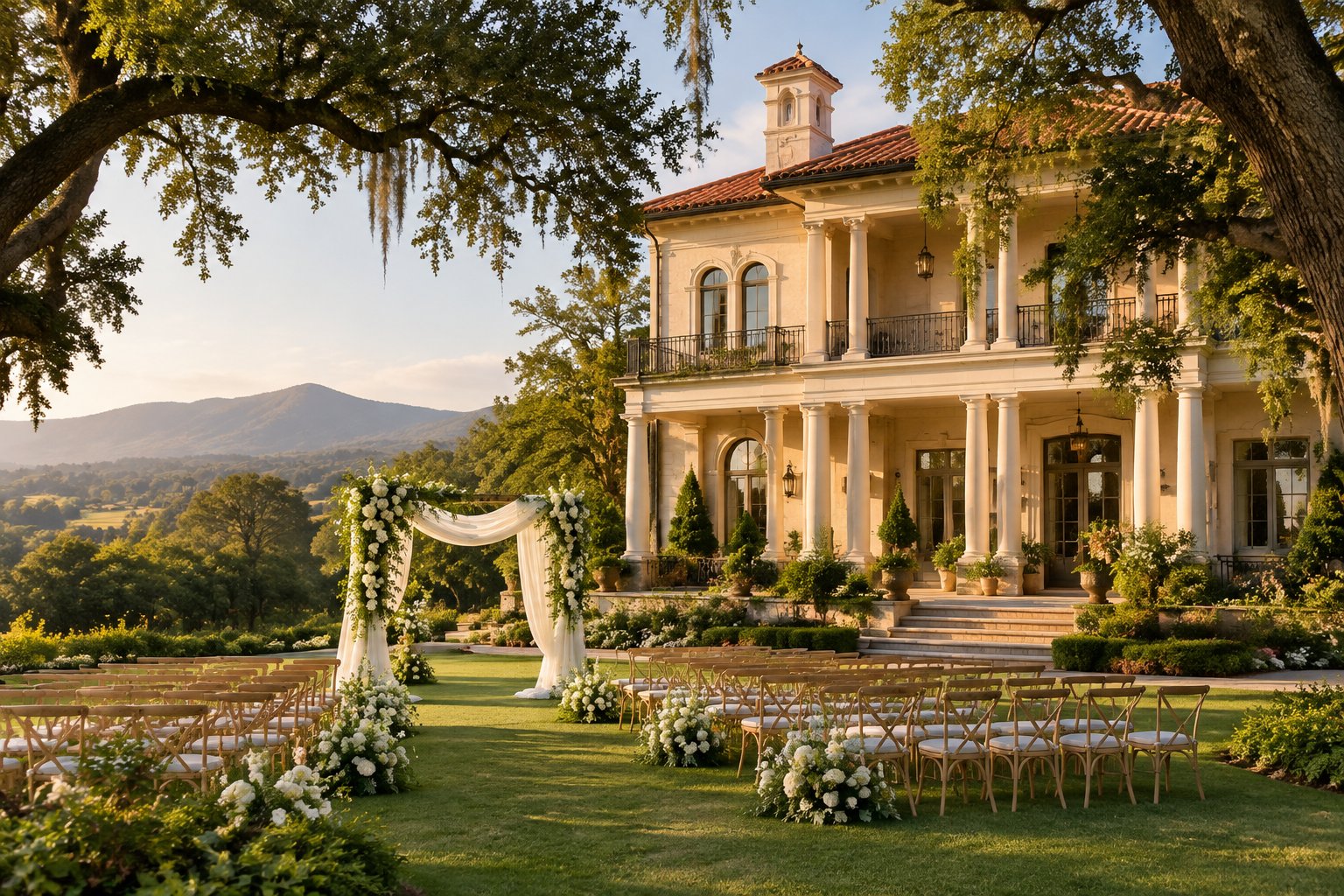A historic estate surrounded by gardens with an outdoor wedding ceremony setup.