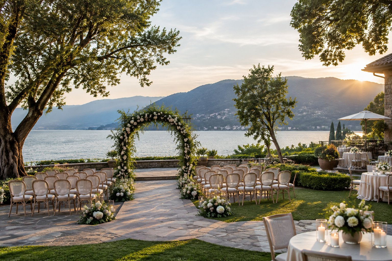 A lakeside wedding ceremony setup on a landscaped resort terrace.