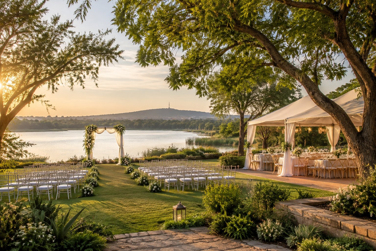 A decorated wedding ceremony and reception area beside a lake, surrounded by gardens and trees.