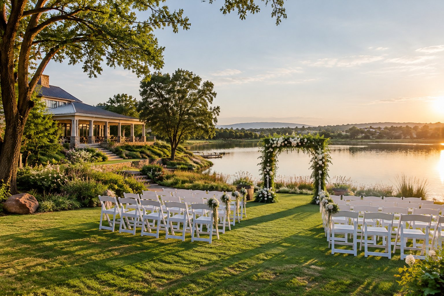 A lakeside wedding ceremony setup on a landscaped estate lawn.