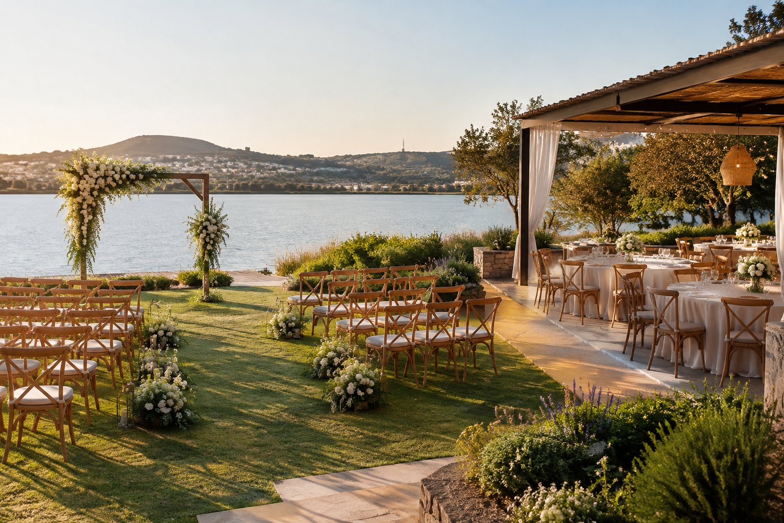 A wedding ceremony area and reception tables beside a lake.