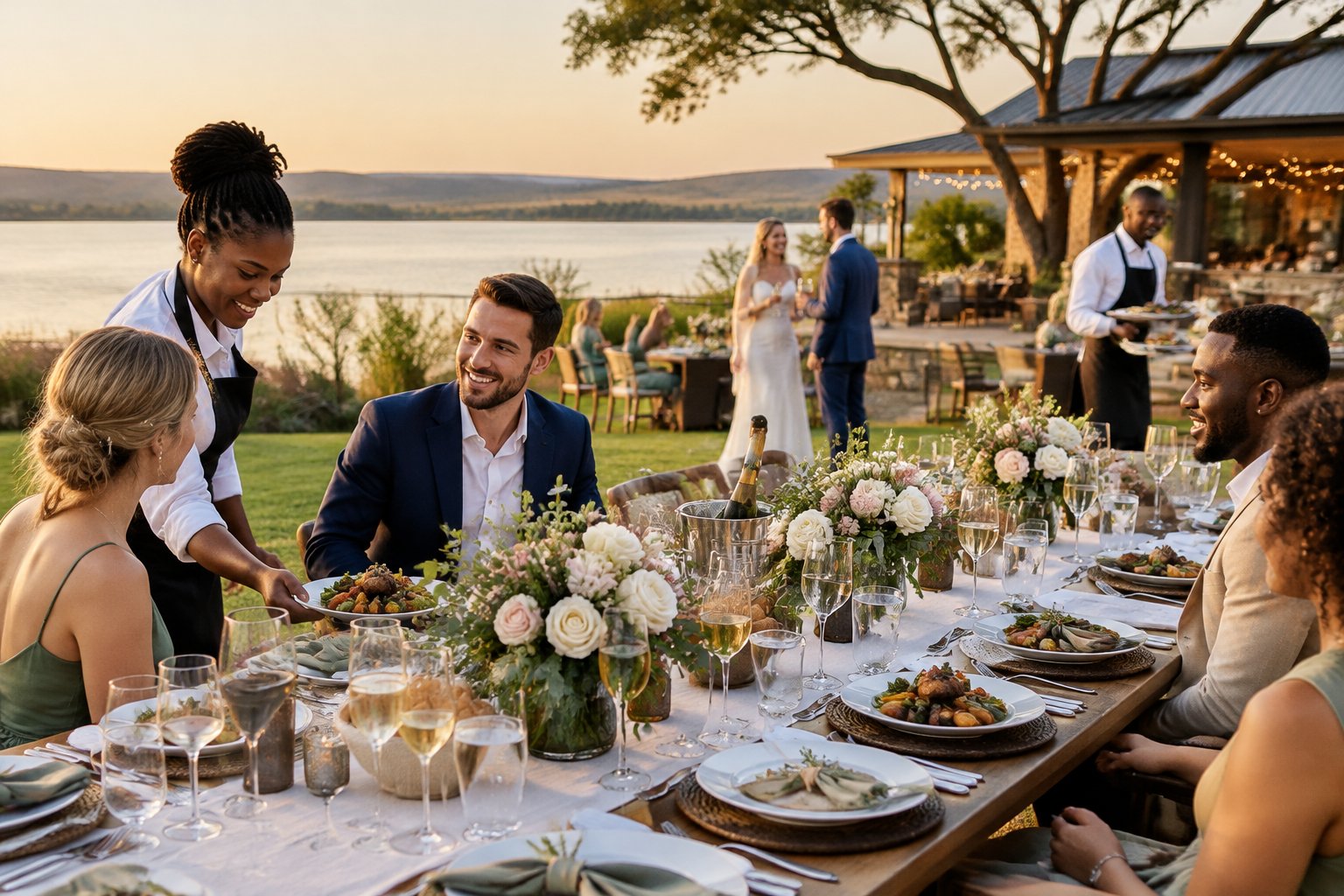 Guests dine at a wedding reception beside a lake.