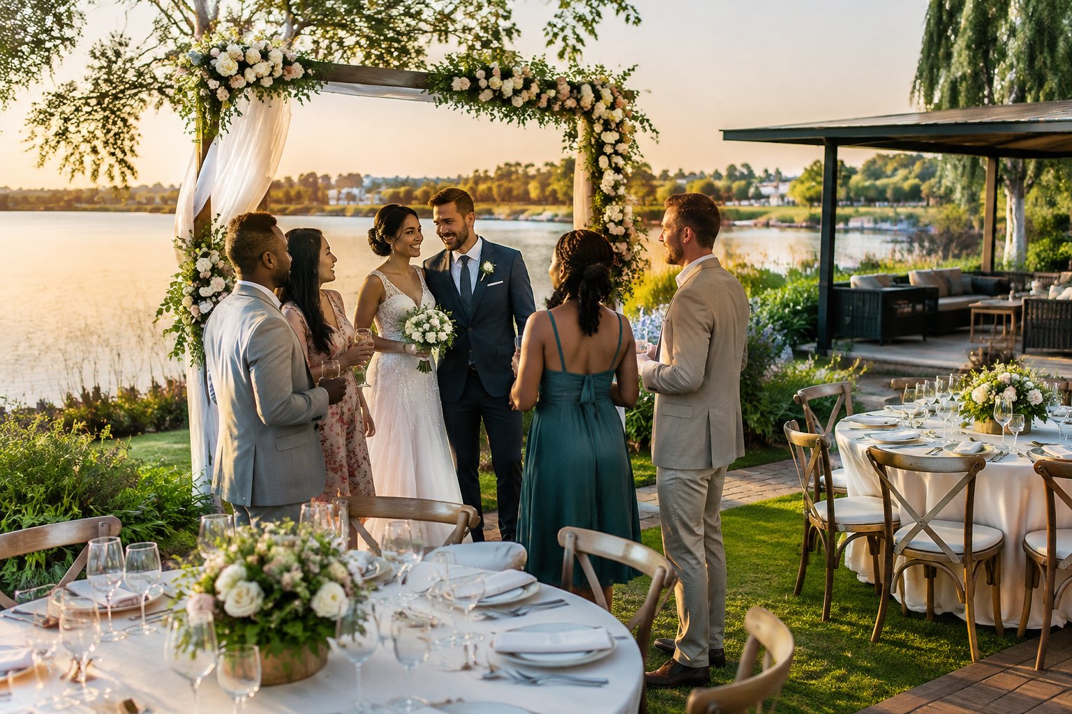 A couple welcomes their guests at a lakeside wedding reception.