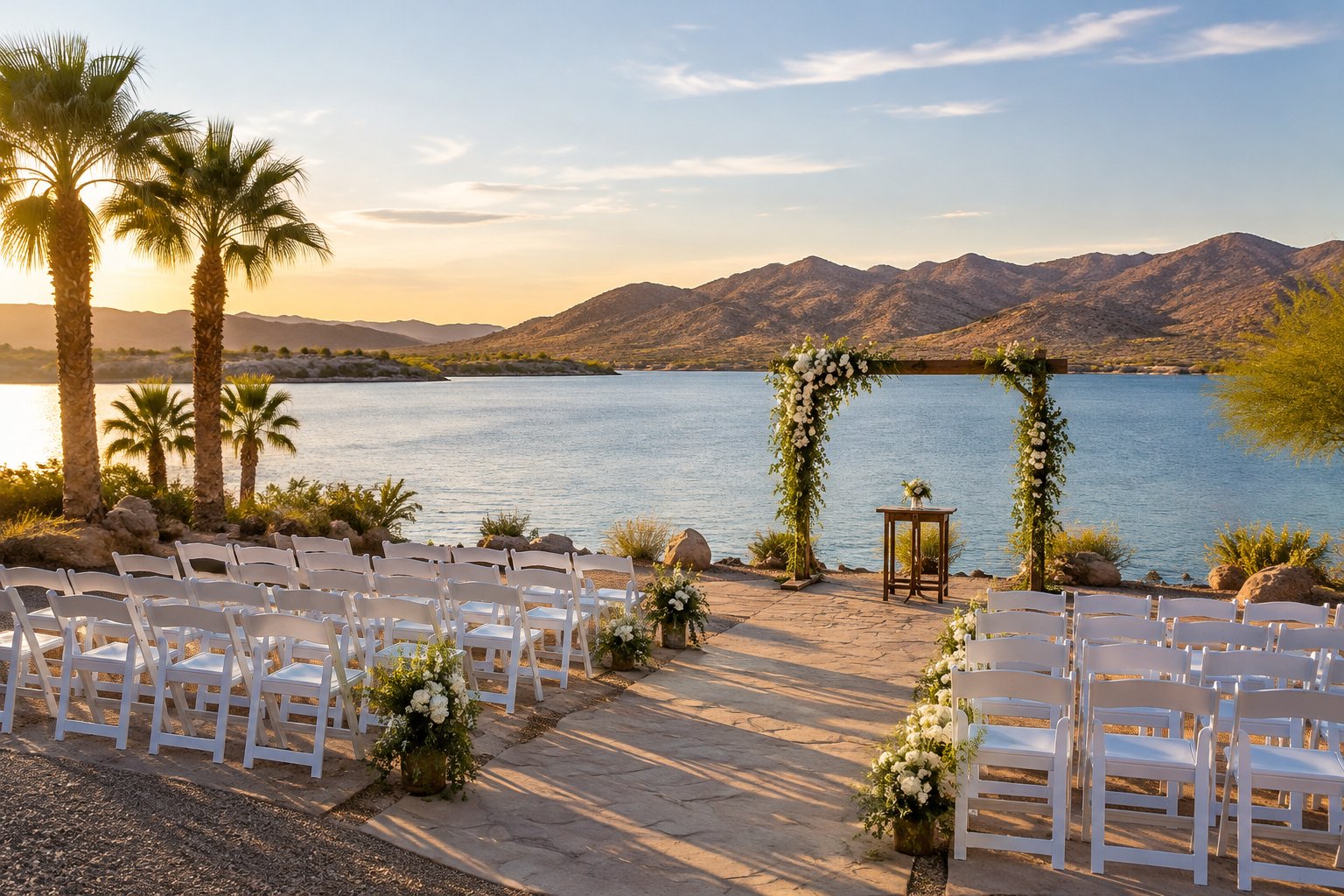 A wedding ceremony setup beside a lake with desert hills in the background.