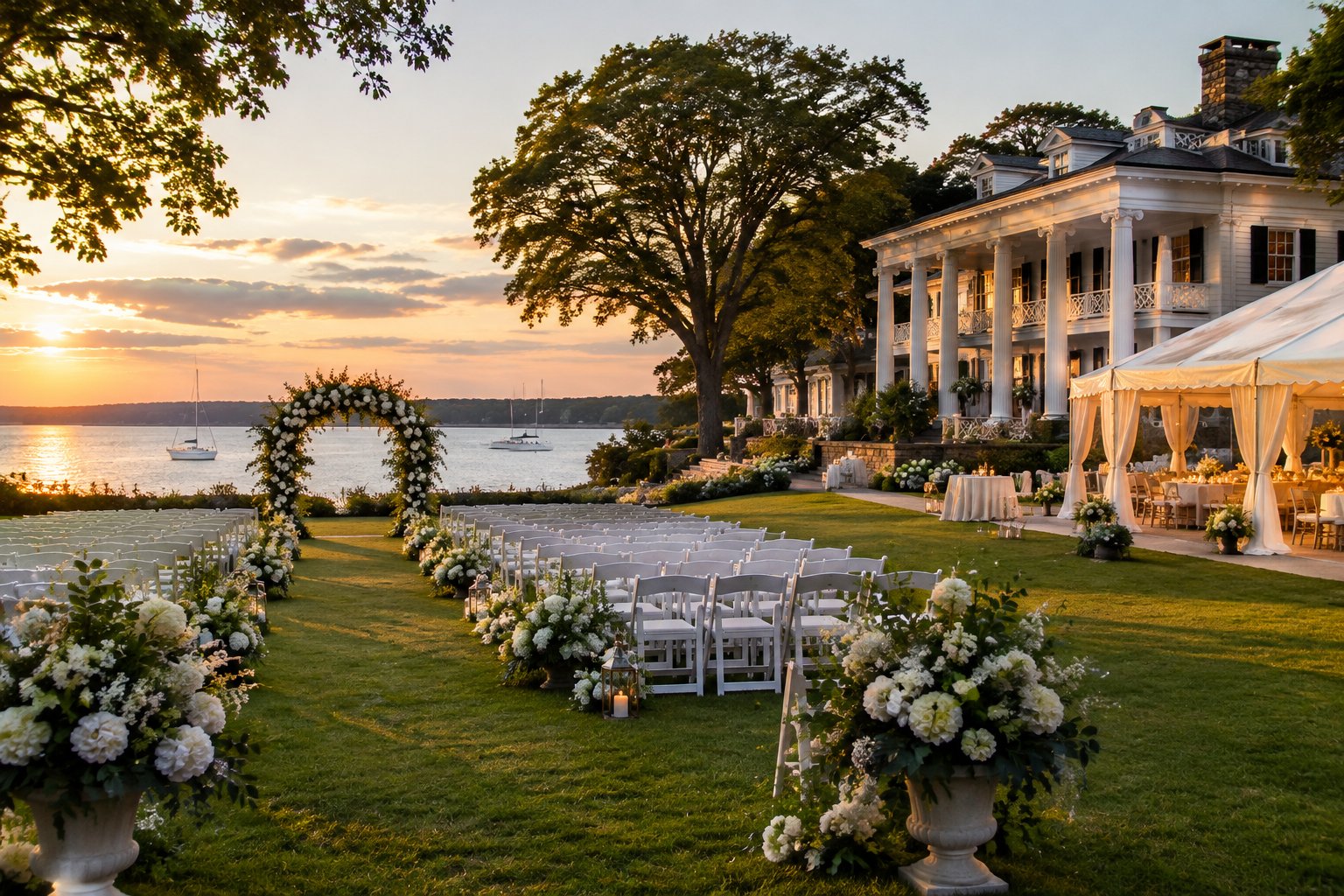 An elegant waterfront estate with a lawn, wedding chairs, and floral ceremony arrangements.