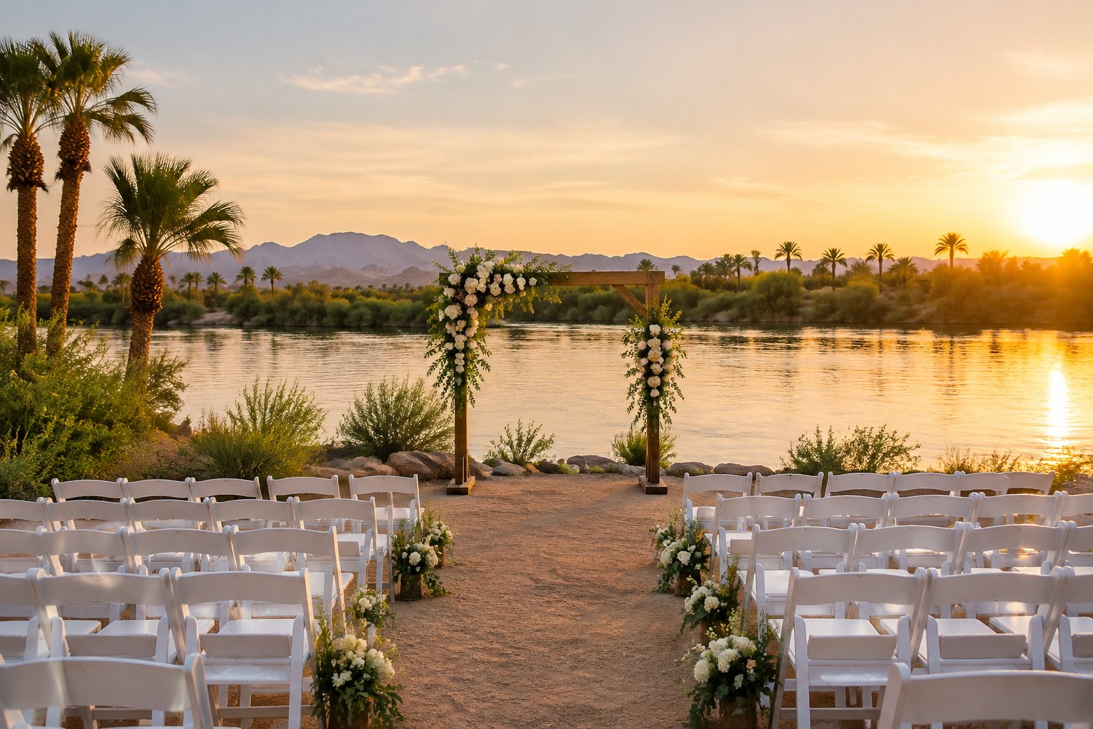 A wedding ceremony setup beside a calm river, with white chairs and a floral arch.