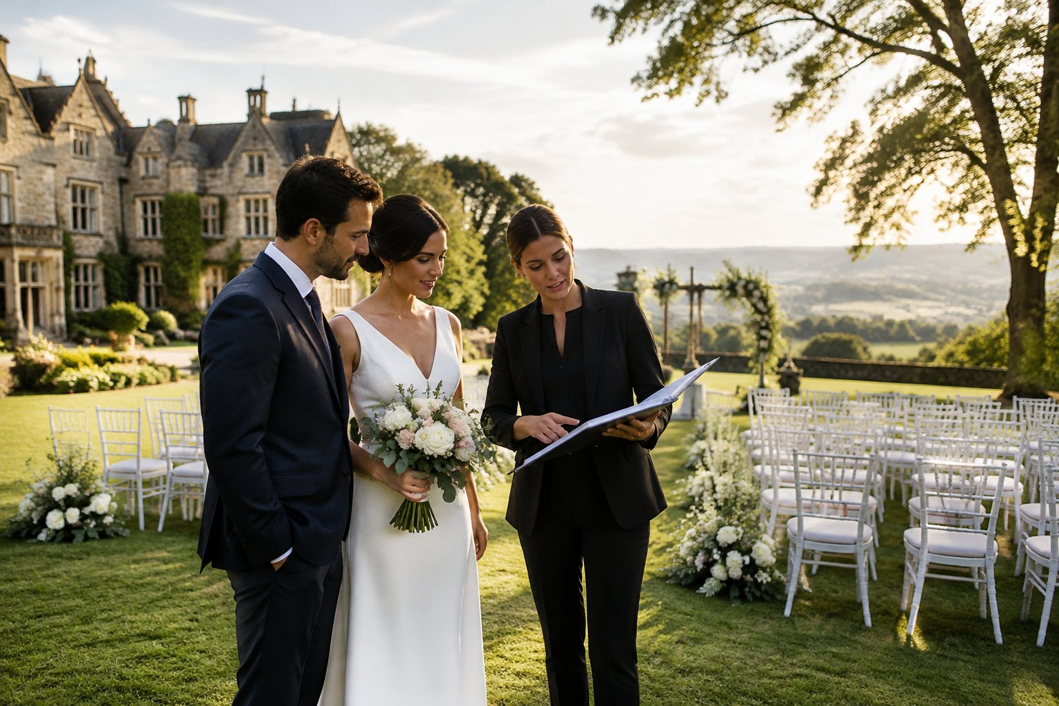 A couple and venue coordinator review an outdoor wedding ceremony space at a countryside estate.