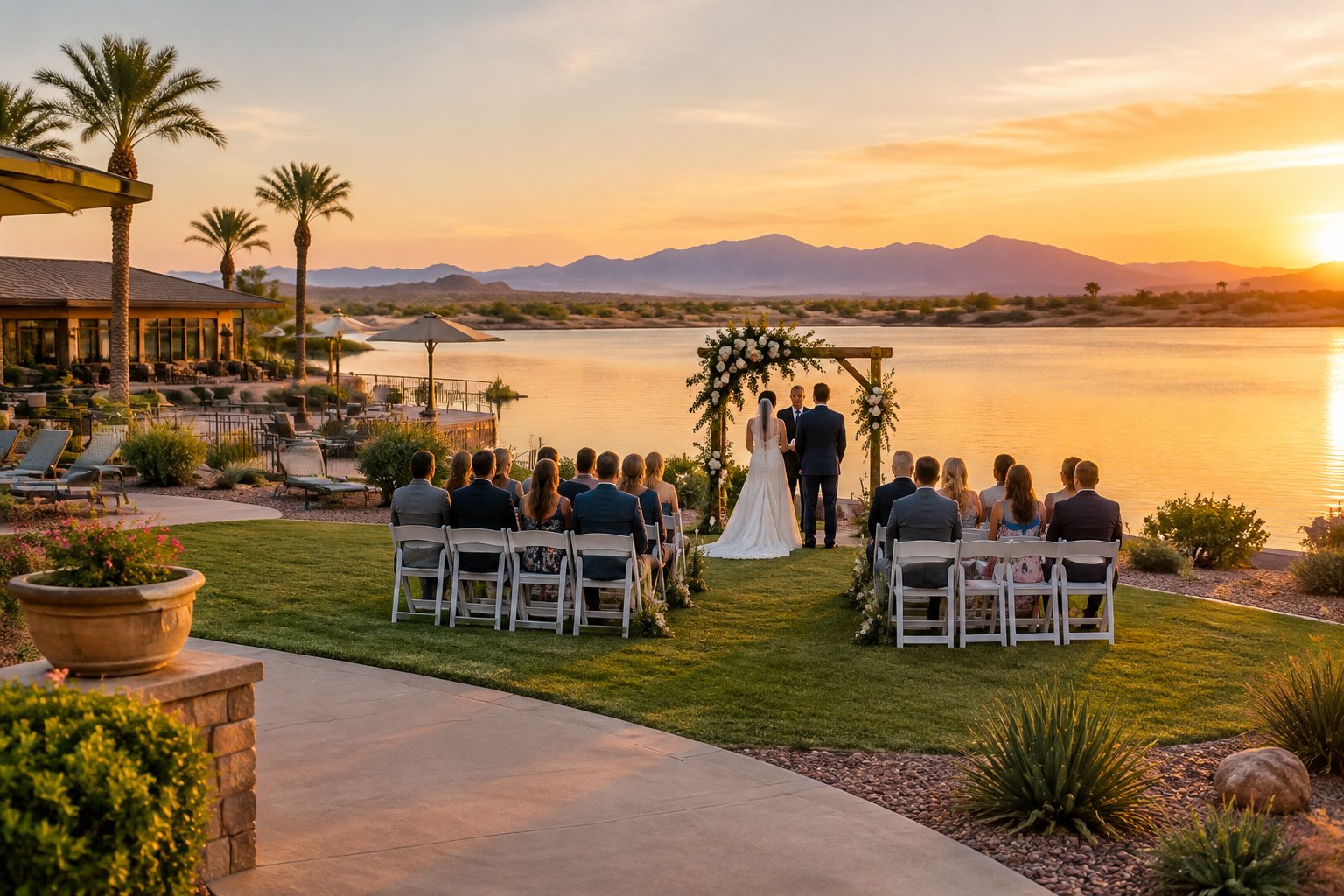 A lakeside wedding ceremony with a floral arch, guest chairs, and a resort in the background.