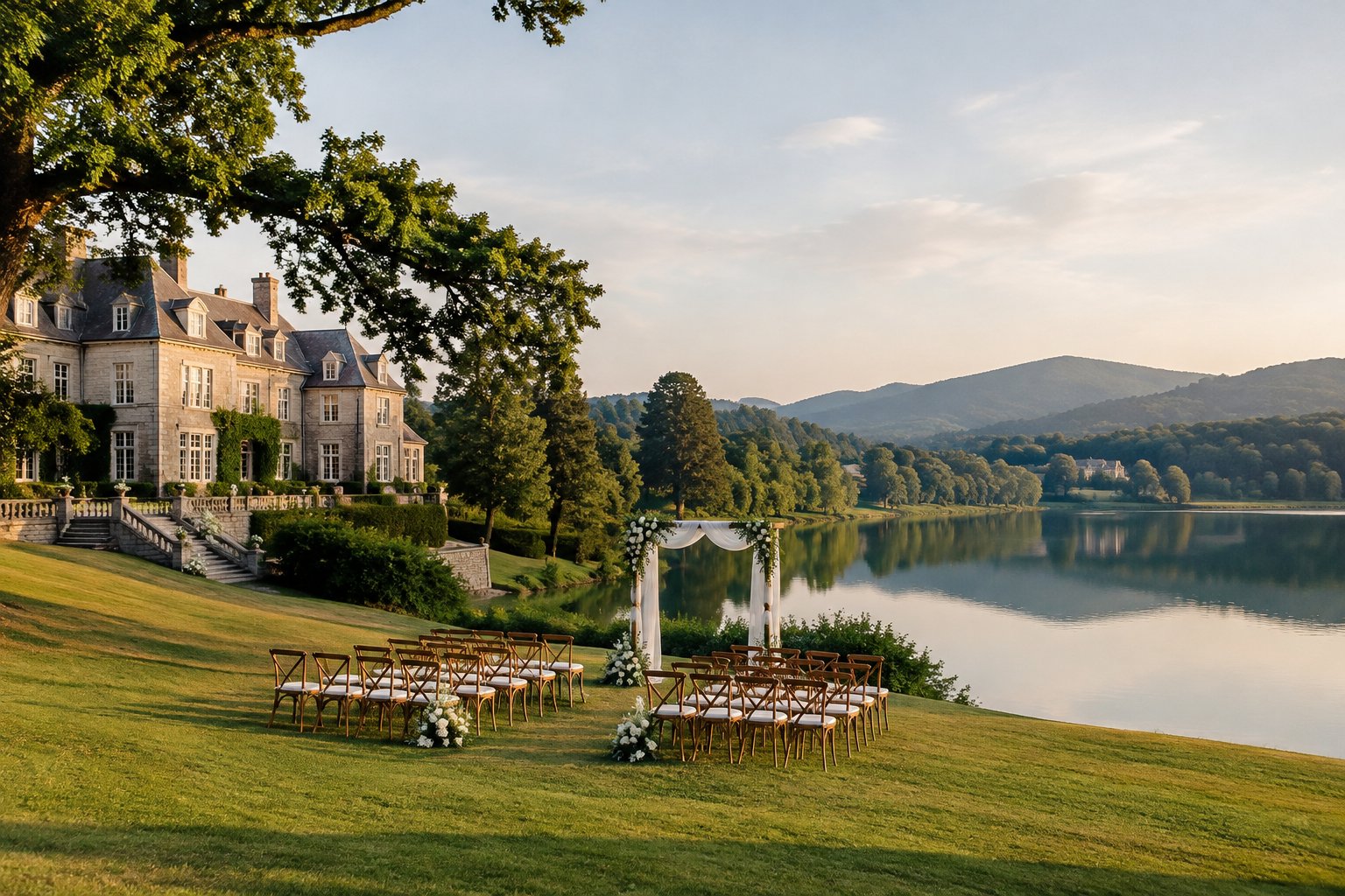 An elegant estate and outdoor wedding setup beside a calm lake.