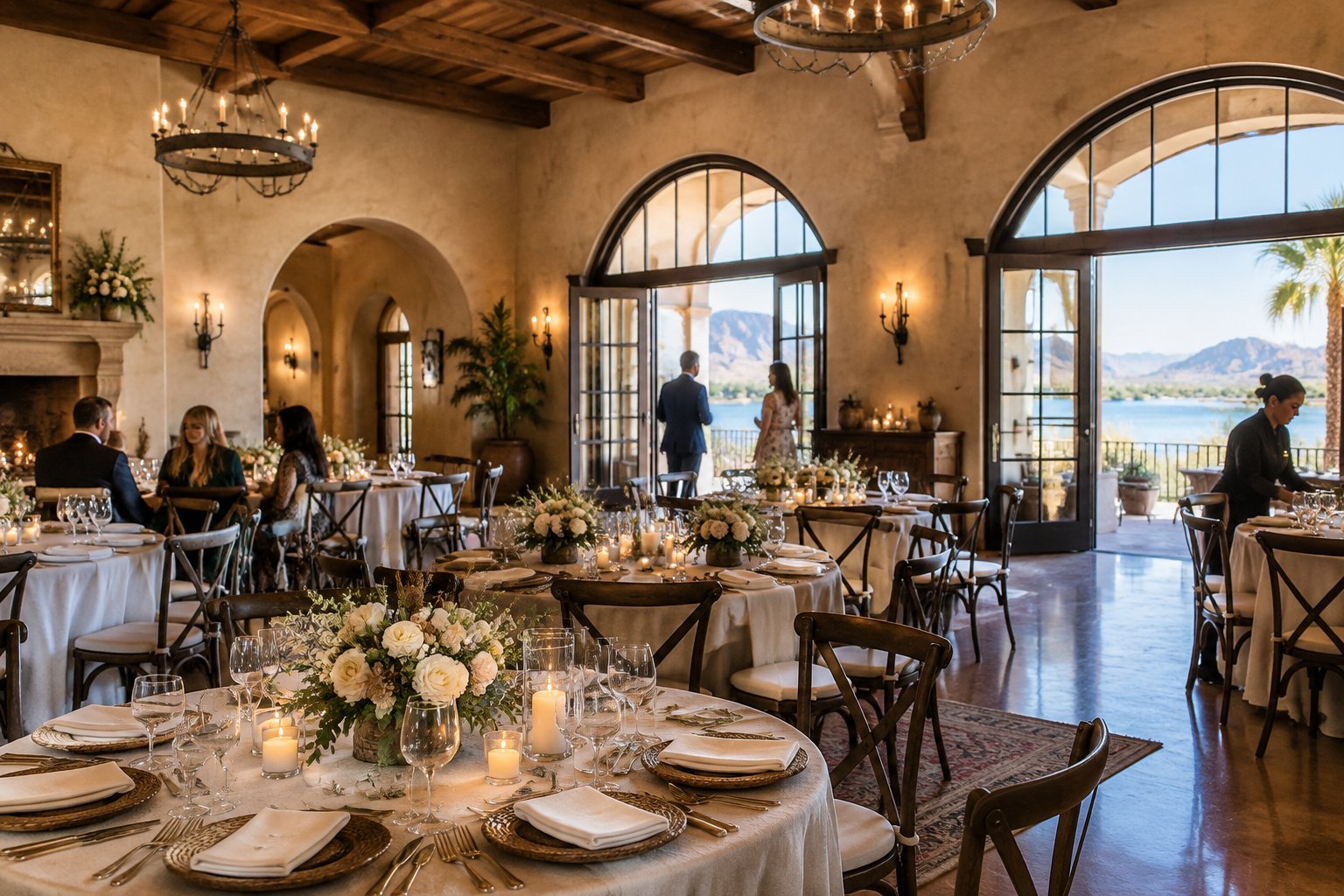 A wedding reception set inside a historic hall with a lake visible through the windows.